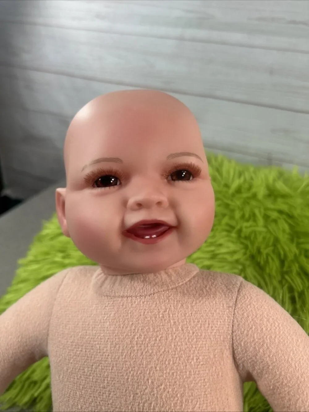 17” Baby Doll Open Brown Glass Eyes Cloth Body Realistic Nails Bunny Jump suit